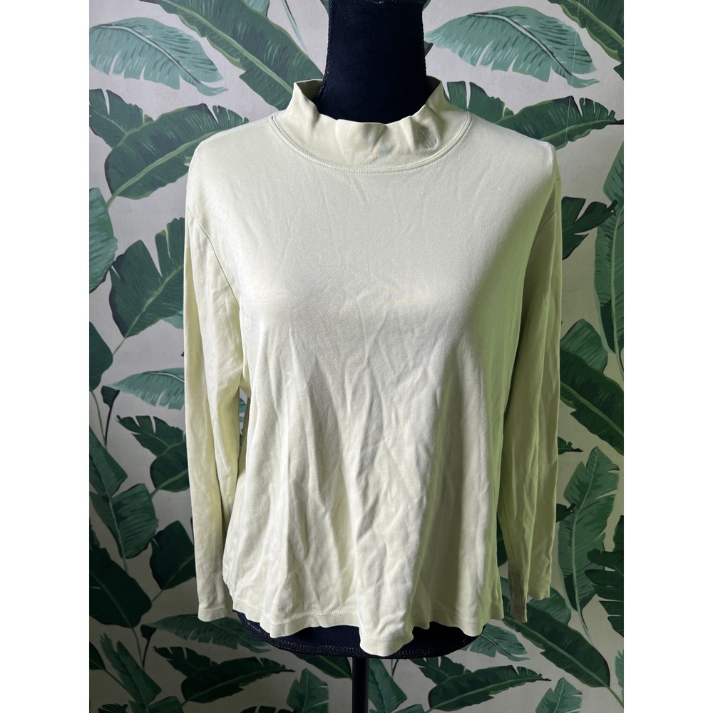 LL Bean Mock Neck Top Women XL Pale Yellow Green JOY Embroidered